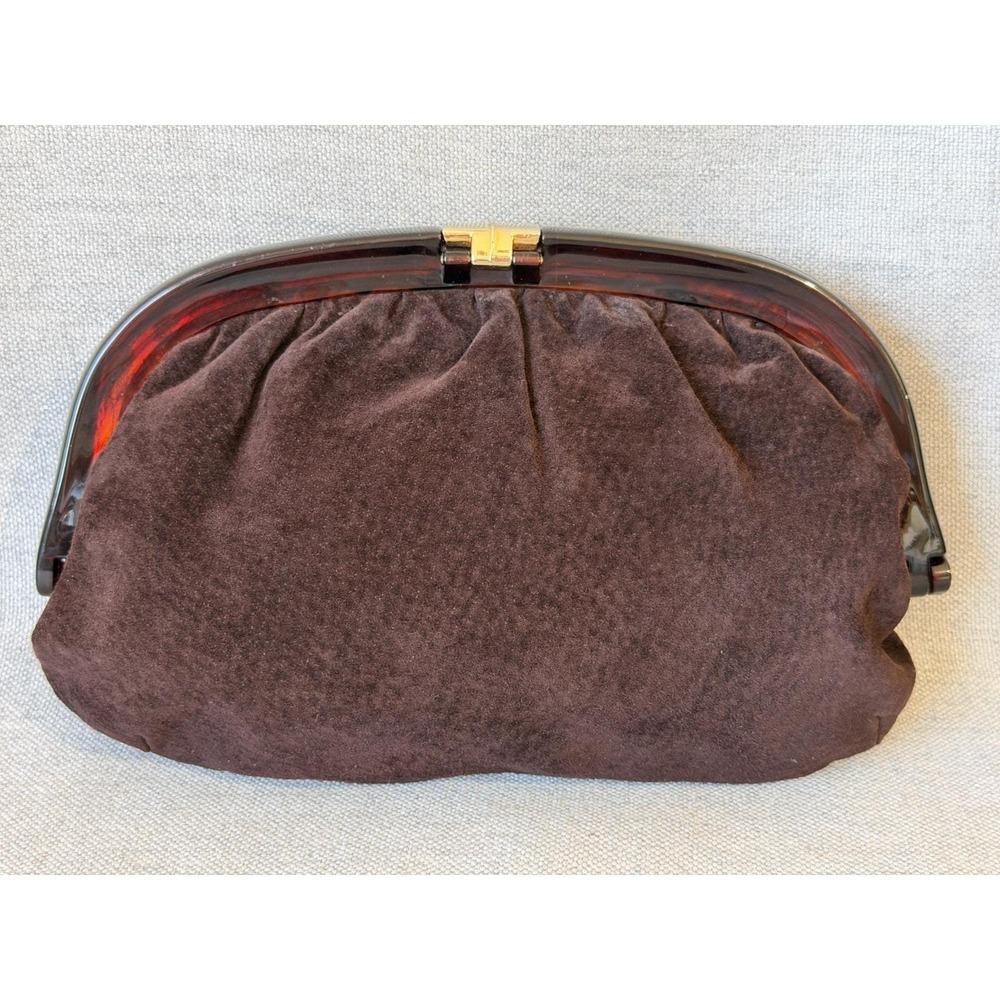 Vintage Ruth E Saltz Brown Suede Clutch Purse Reghi Italy Frame and Gold Clasp